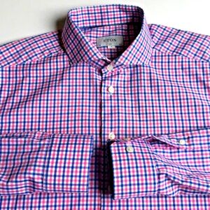 ETON Slim, pinkish red & blue checkered  nice dressy cotton shirt Sz 17.5 /44